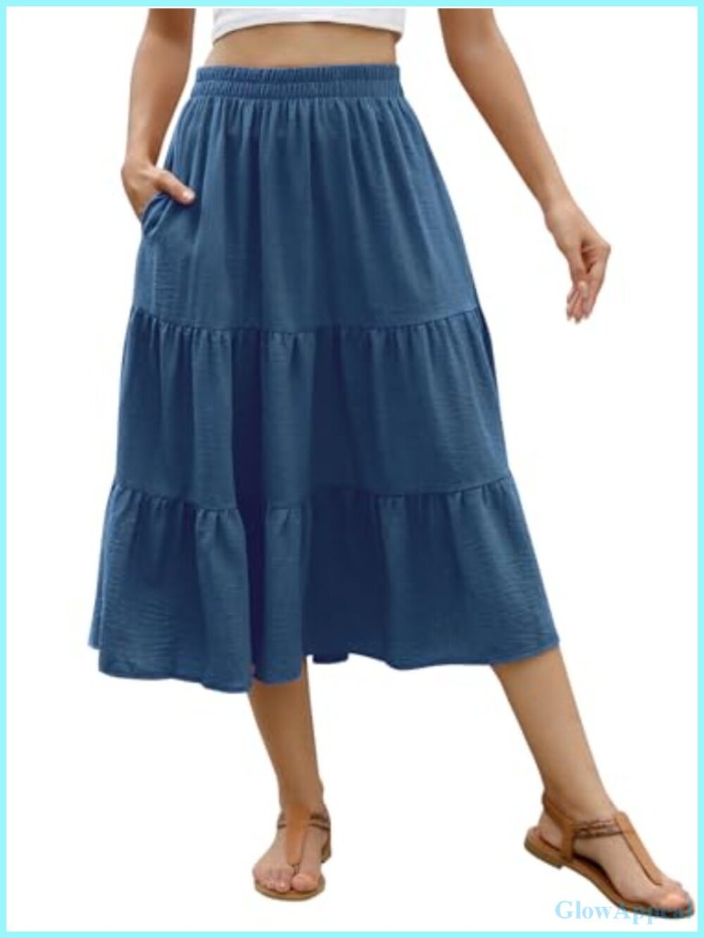 Floral Midi Skirt with Pockets High Elastic Waist Flowy Ruffle A-Line Summer
